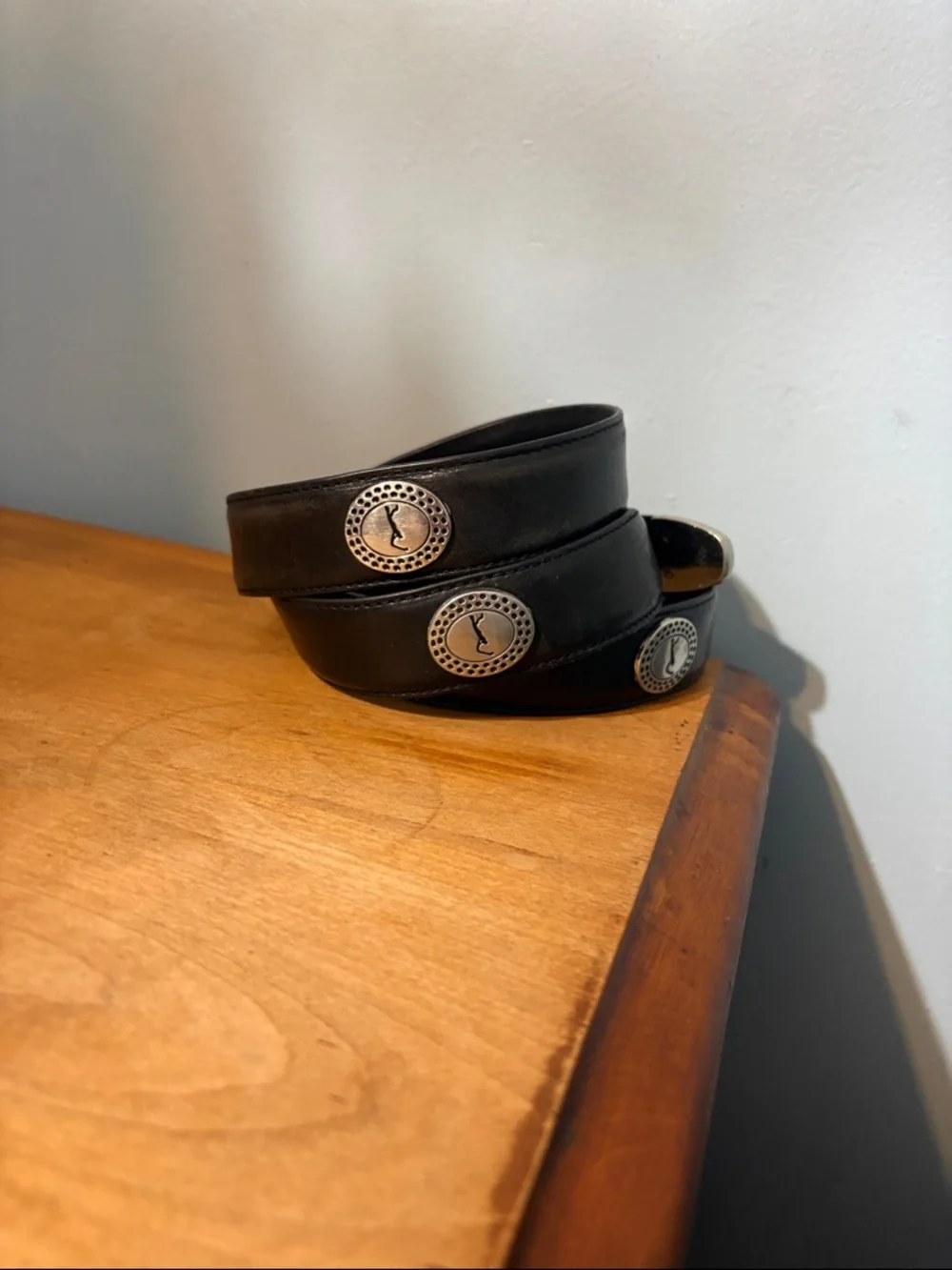 PGA Tour size 38 Black Leather Belt with Silver Tone Buckle and Medallions Golf
